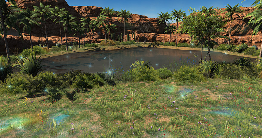 풀과 나무가 풍성하고 호수가 있습니다.