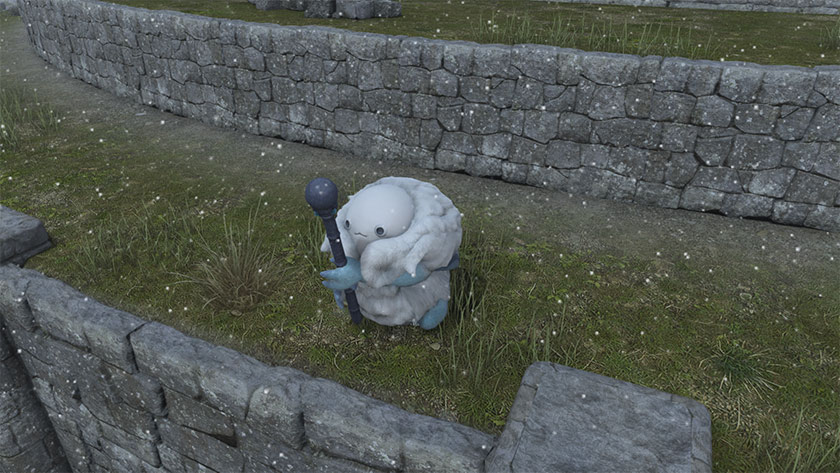 눈이 내리며, 눈의 정령이 지팡이를 들고 서 있습니다.