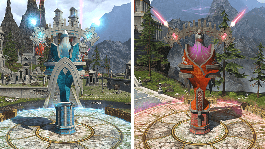 파란색, 빨간색 탑 시설.