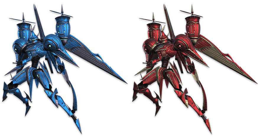 파란색, 빨간색 순항추격기. 인간형태의 날렵해 보이는 로봇입니다.