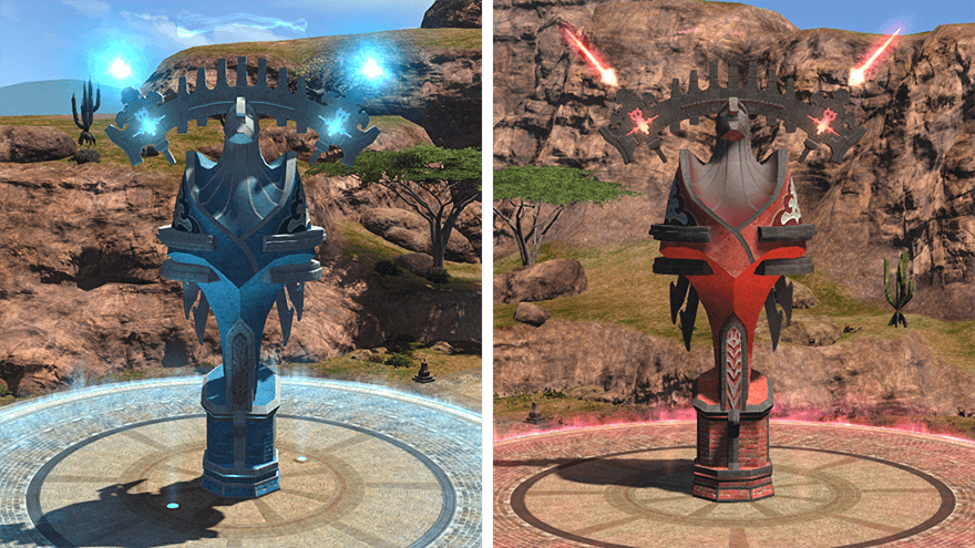 파란색, 빨간색 탑 시설.